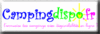 Logo de Campingdispo.fr avec texte coloré et un soleil, slogan : 